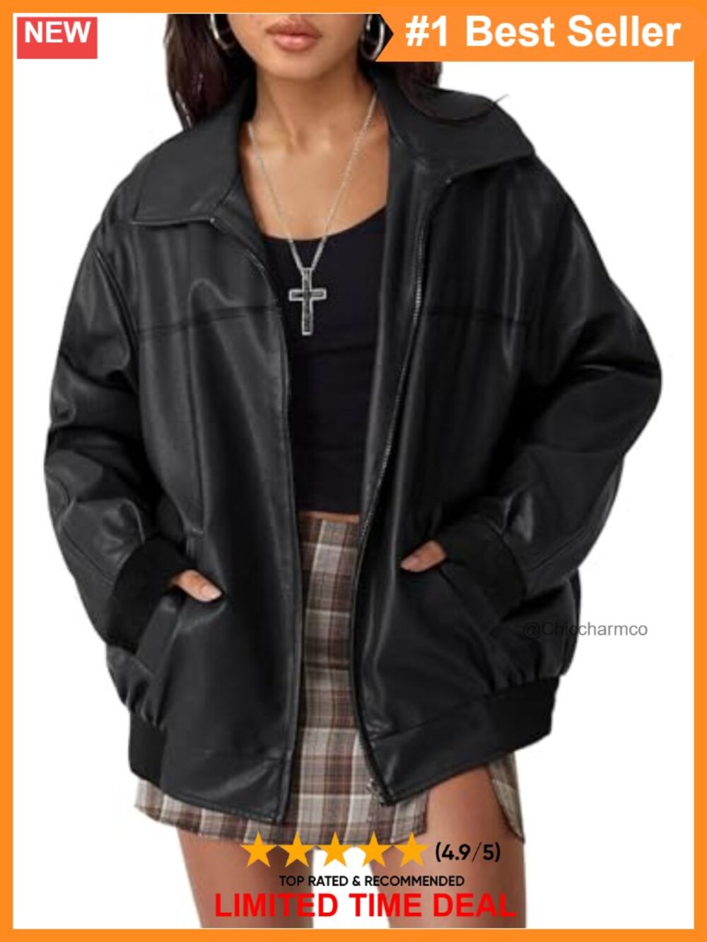 Faux Leather Jacket Oversized Bomber Zip Up Coat